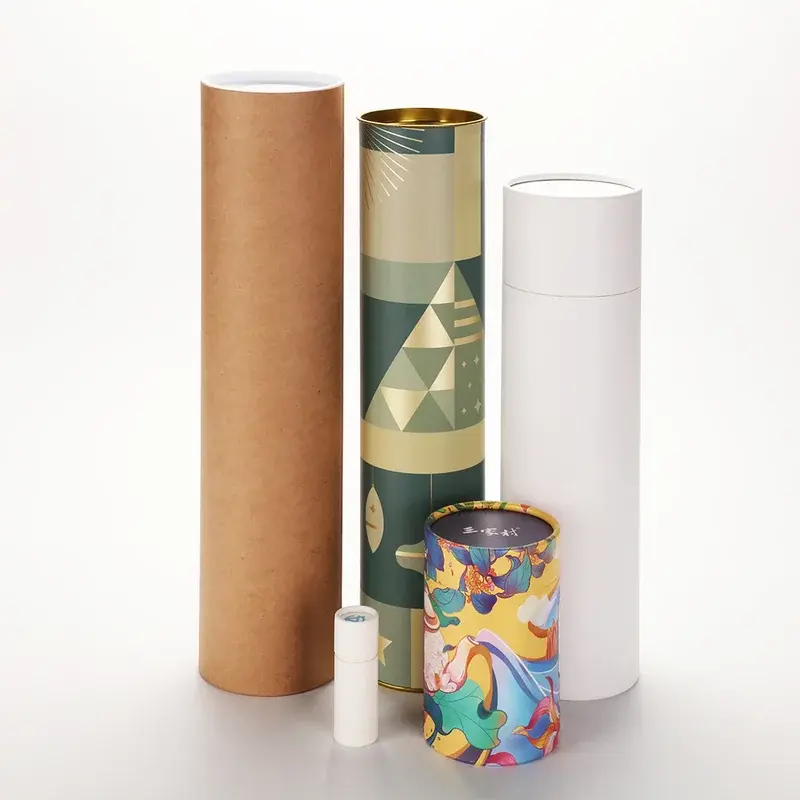 Brown, white and patterned paper tubes with removable caps.