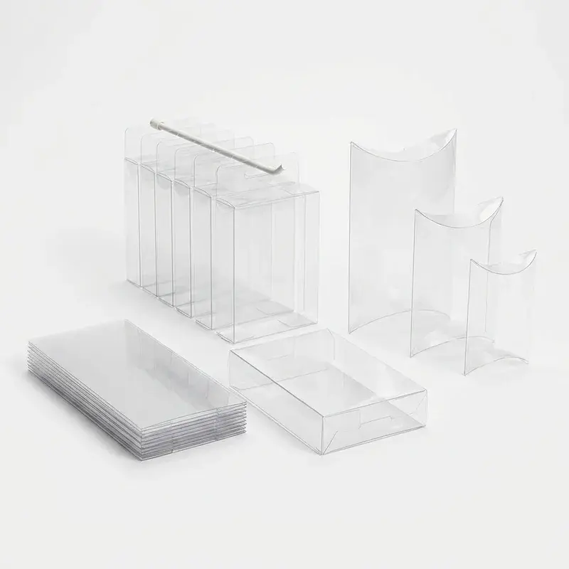 Clear folding boxes shown assembled and laid flat.