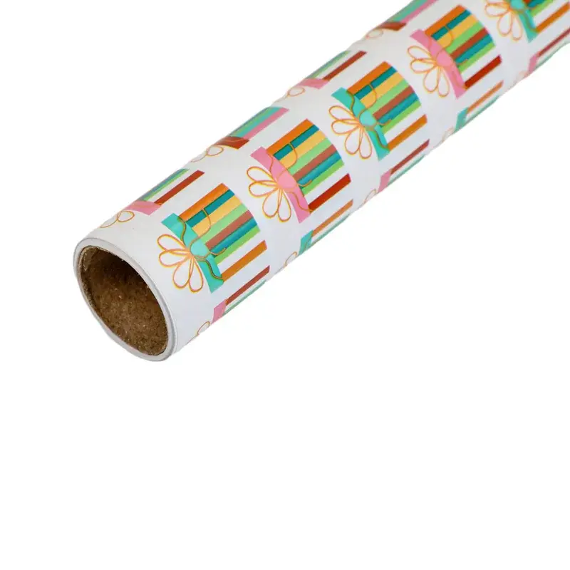 Roll of wrapping paper with a repeating colorful pattern.