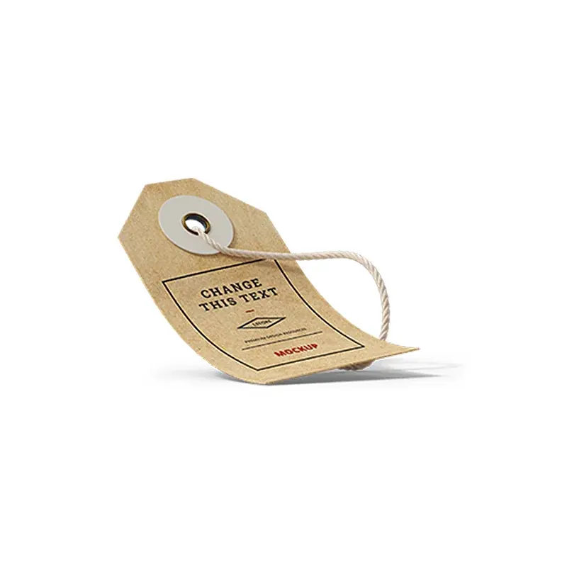 Brown printed hanging tag with a string through a round hole.