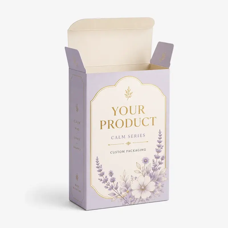 Open lavender carton with a floral pattern and white lettering.