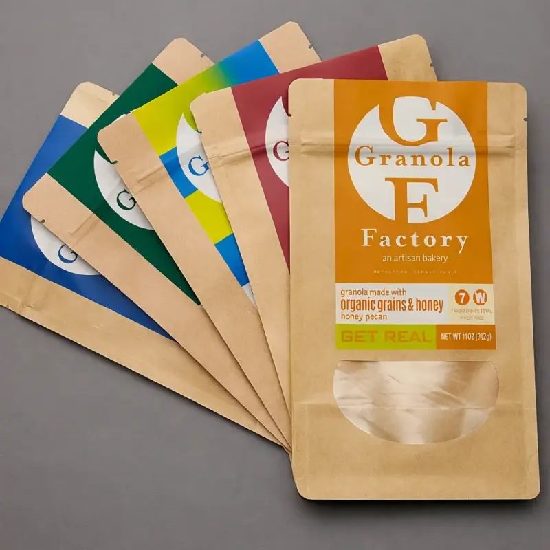 Kraft pouches with colorful printed labels and clear windows.