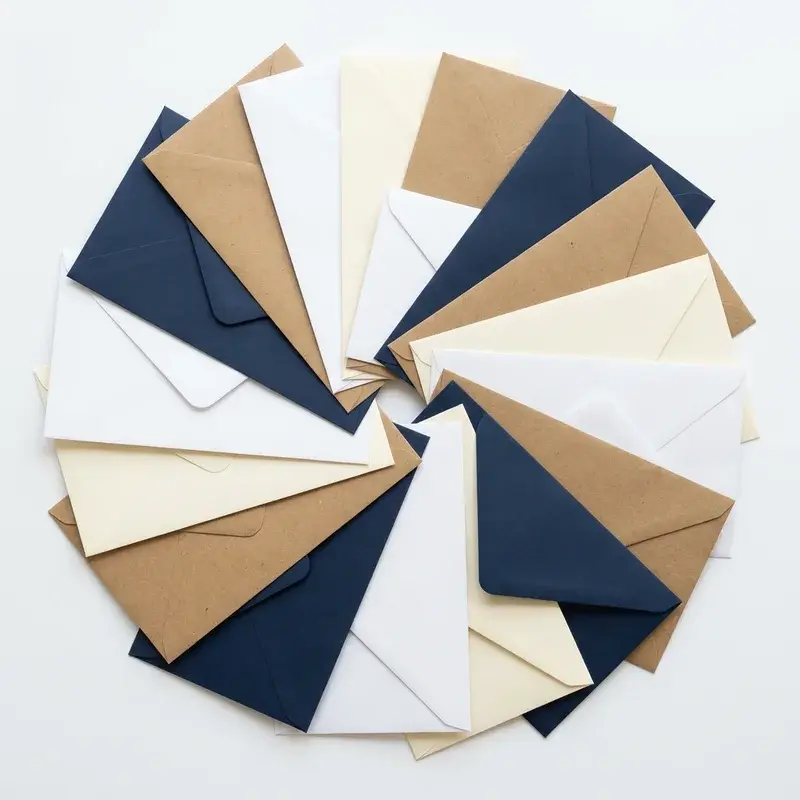 Plain cream, white, kraft and navy envelopes arranged in a fan.