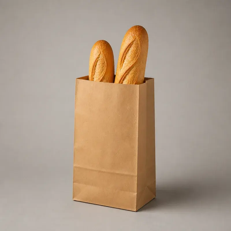 Two baguettes standing inside a plain kraft paper bag.