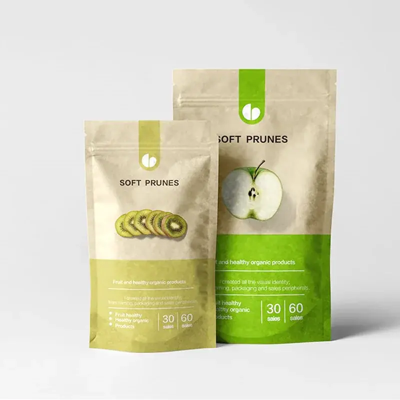 Beige and green food pouches with fruit illustrations.