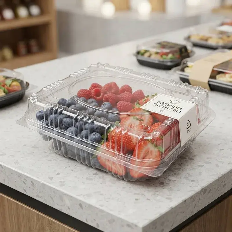 Mixed berries in a clear lidded container on a counter.