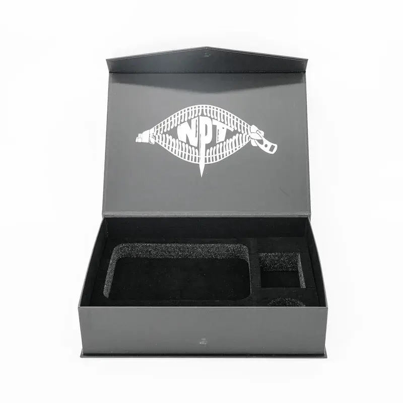 Open black box with a dark fitted insert and white lid graphic.