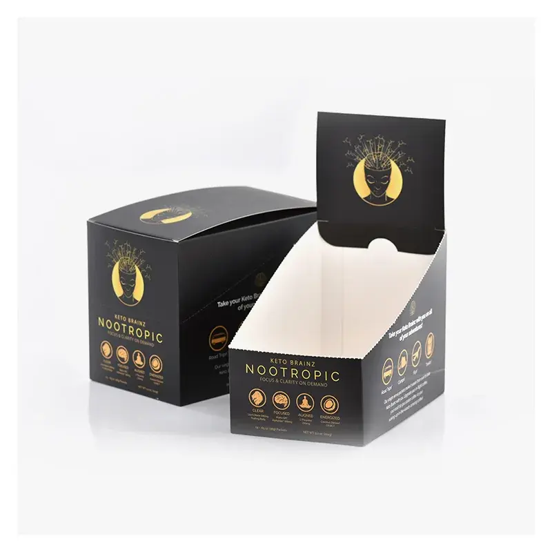 Black printed countertop display box with a tall back panel.