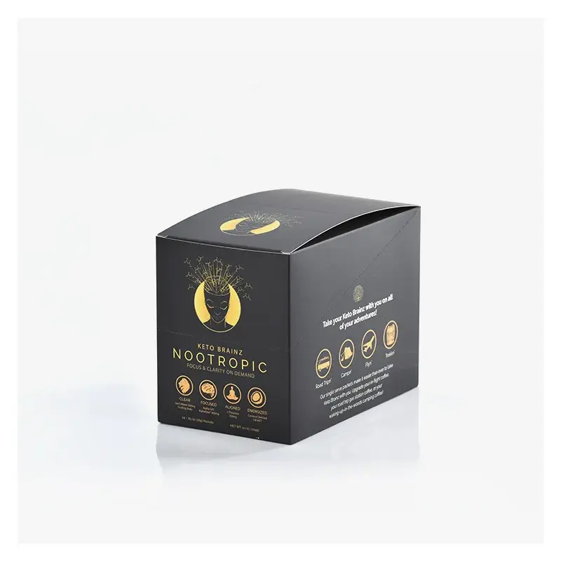 Closed black printed carton with gold-colored graphics.