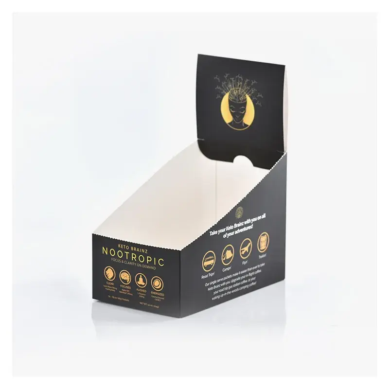Black display carton with a tall back panel and white interior.