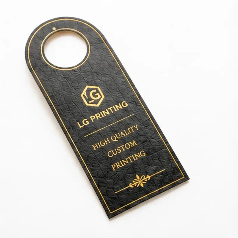 Black bottle neck tag with a gold-colored border and lettering.
