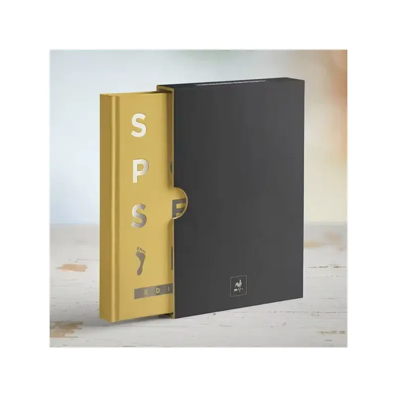 Black and gold-colored presentation sleeves standing upright.