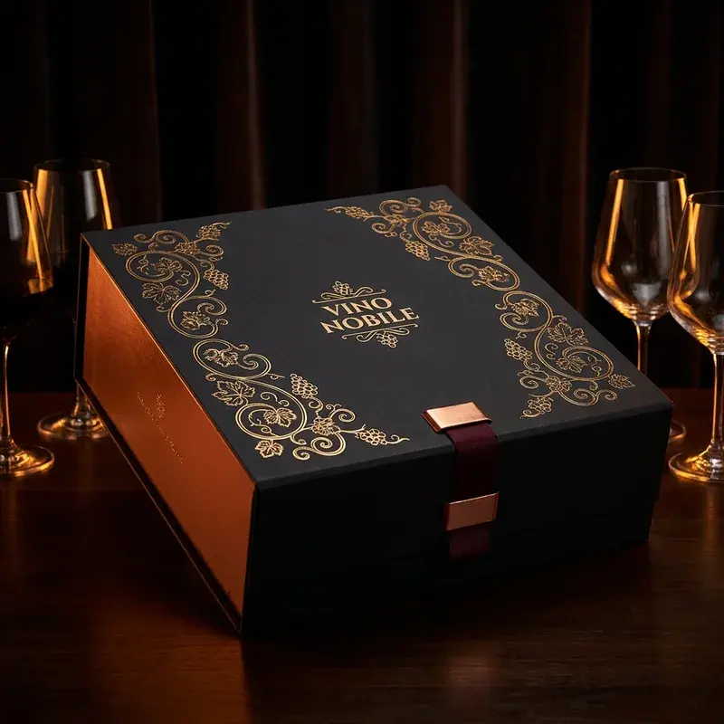 Black gift box with gold-colored patterns beside glasses.