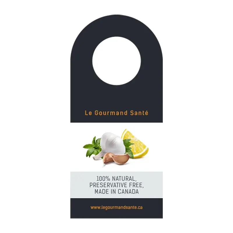 Black bottle neck tag with a round hole and illustrated white panel.