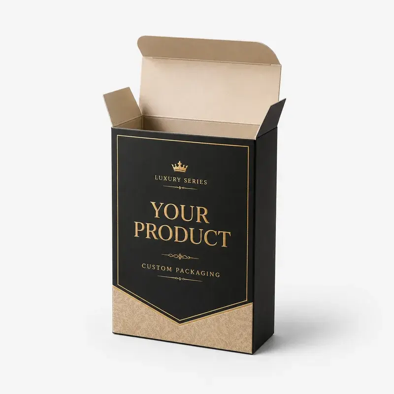 Open black and kraft carton with gold-colored printed lettering.