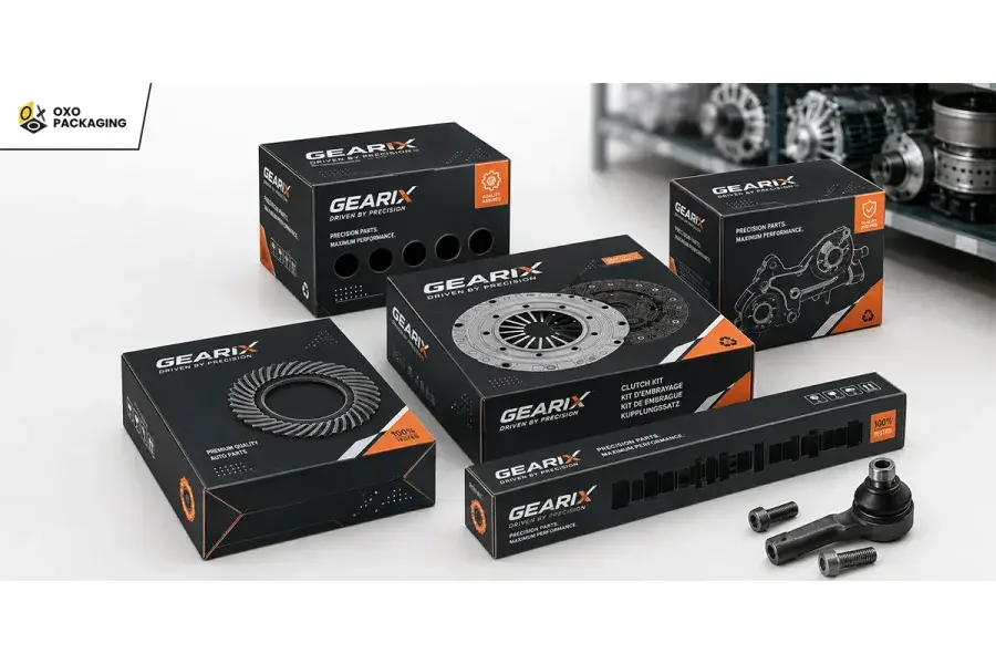Black and orange product cartons beside automotive parts.