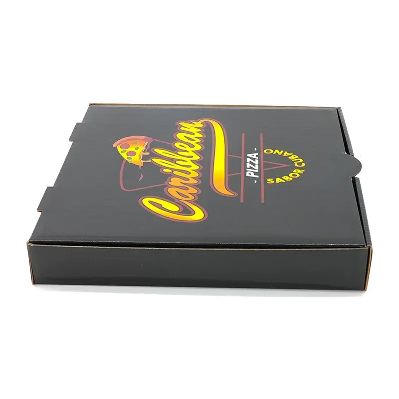 Black pizza box with bright yellow and red printed graphics.