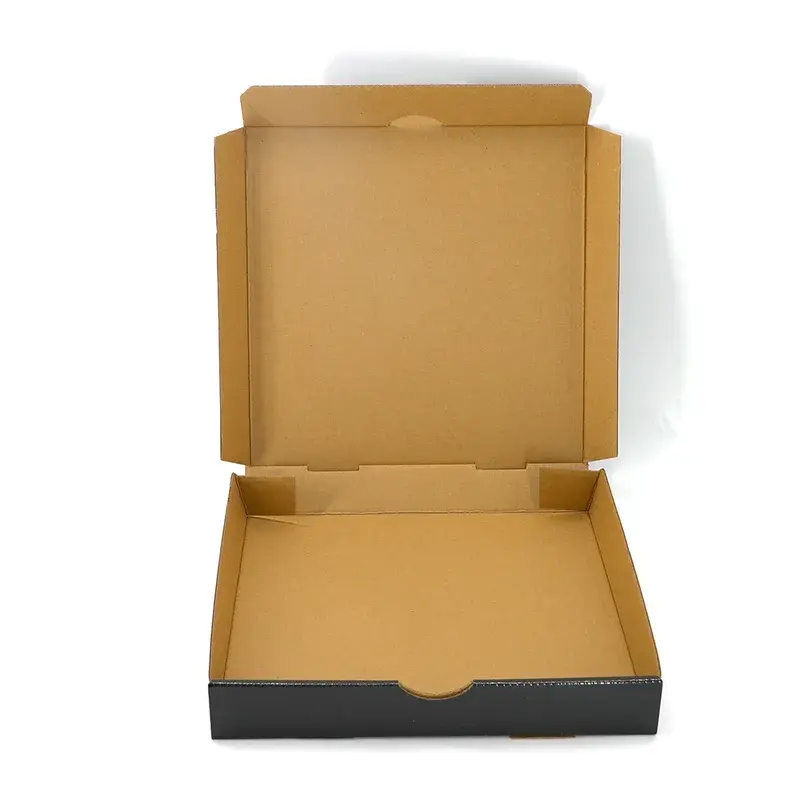 Open black pizza box with a plain kraft interior.
