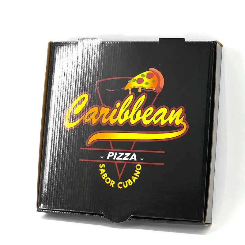 Top view of a glossy black pizza box with colorful lettering.