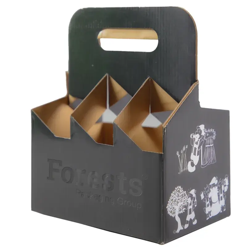 Black printed bottle carrier with kraft dividers and a handhold.