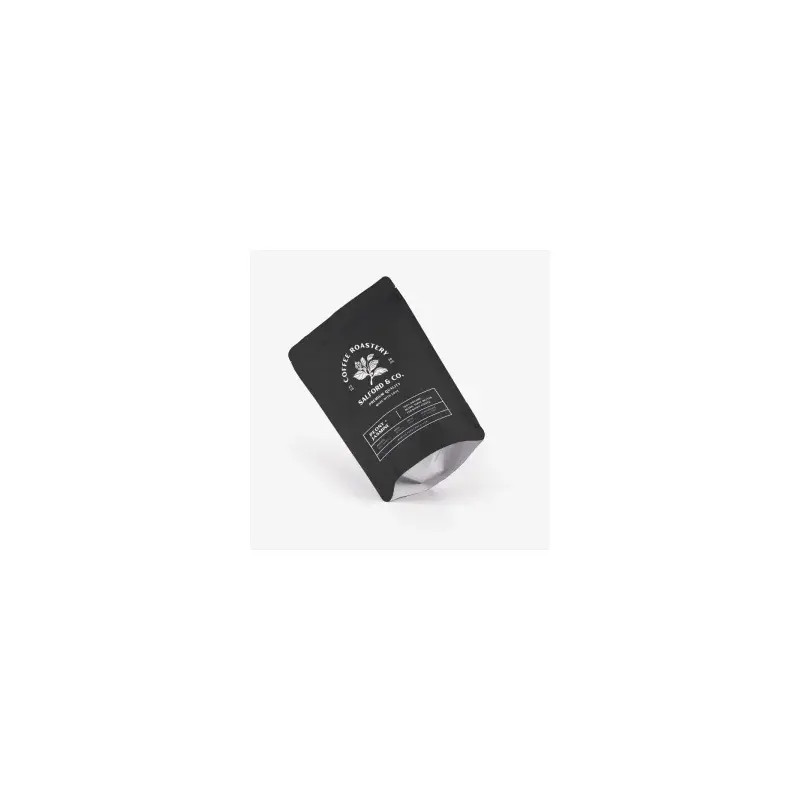 Black coffee pouch with a white printed emblem and lettering.