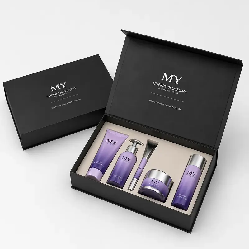 Open black presentation box holding purple skincare packaging.