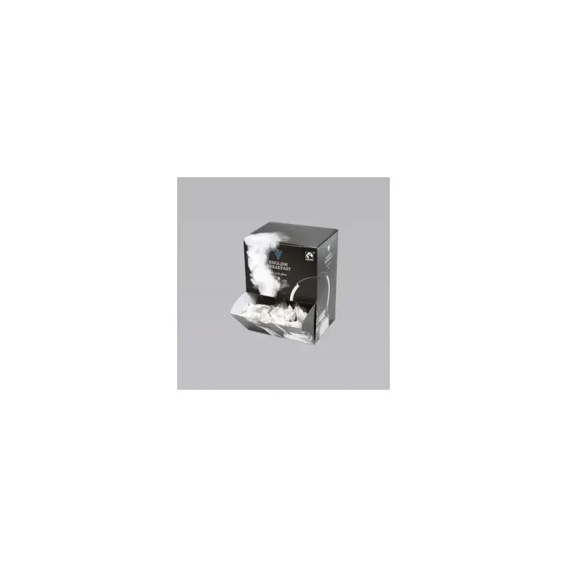 Black tea carton with an open dispensing front holding tea sachets.