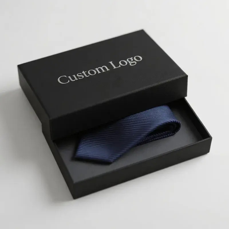 Open black presentation box holding a folded dark tie.