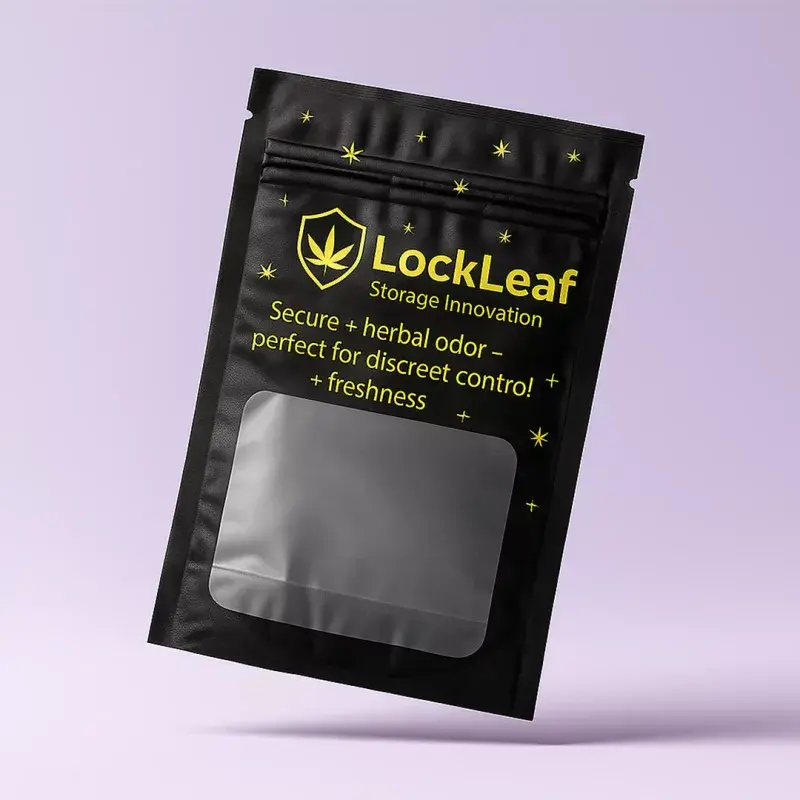 Black resealable pouch with a clear window and yellow lettering.