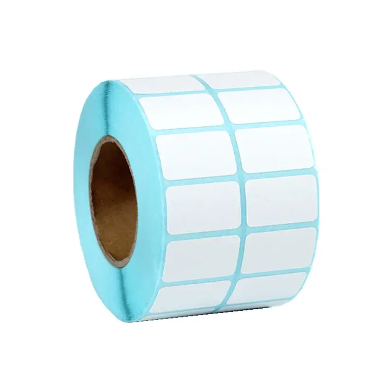 Roll of white rectangular labels on pale blue backing paper.