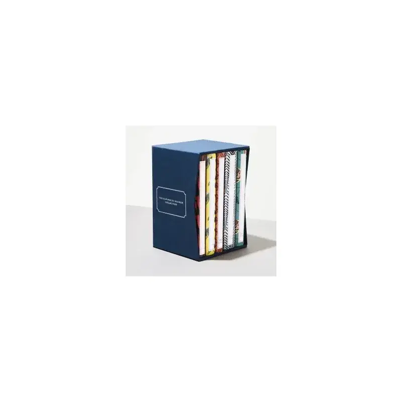 Blue slipcase holding several books with colorful spines.