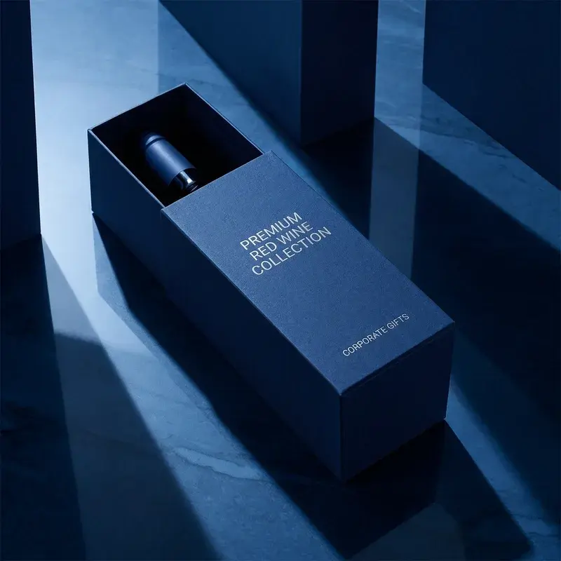 Dark blue presentation box with a window showing a bottle cap.