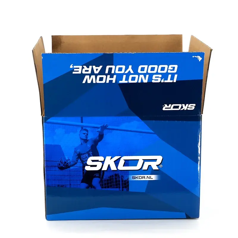 Front view of a blue carton with its printed flap raised.