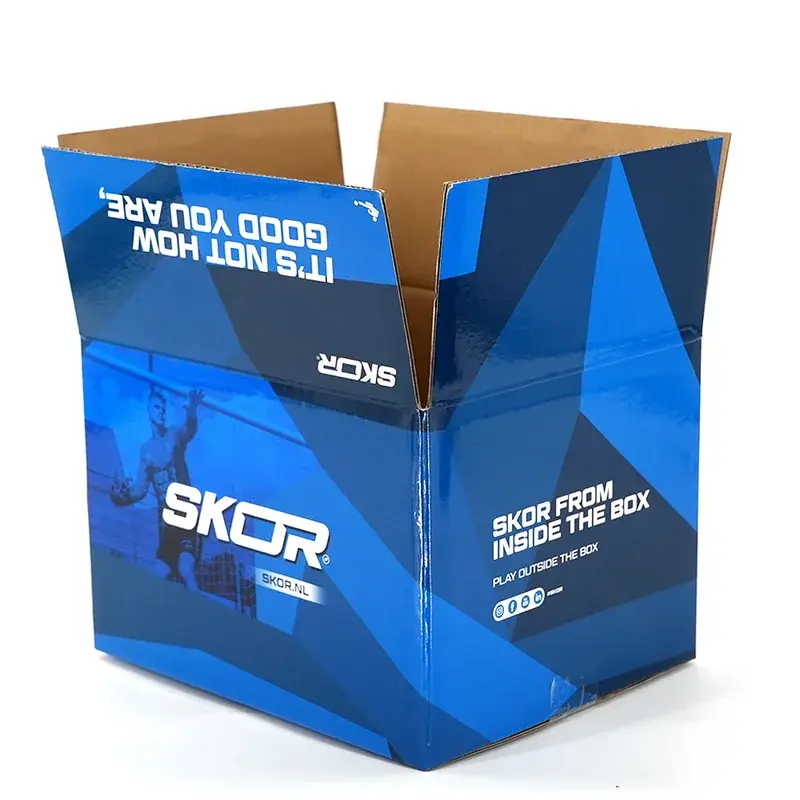 Side view of an open blue carton with printed interior panels.