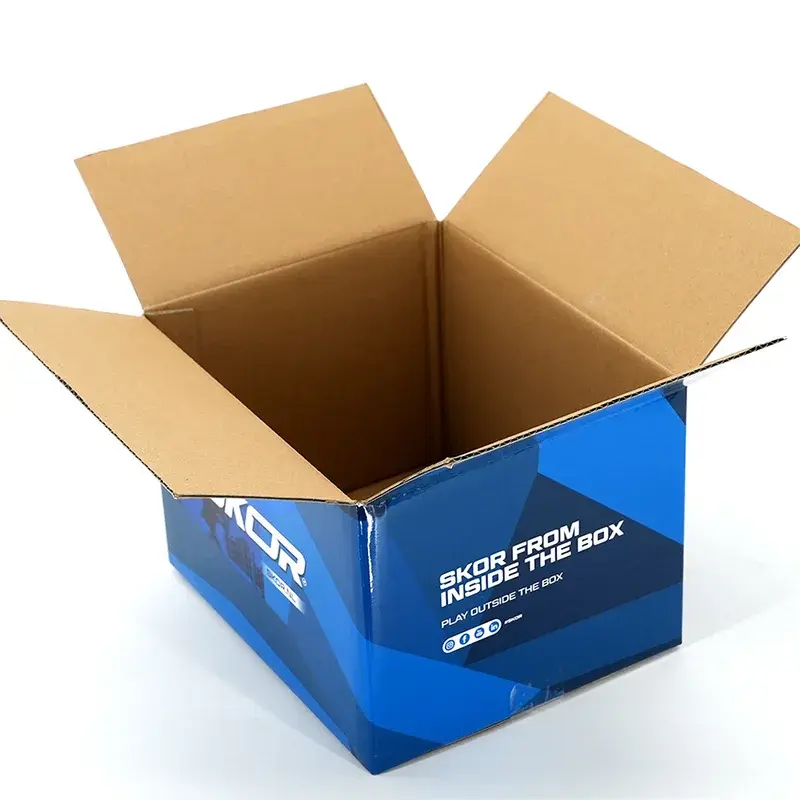 Overhead view into a blue carton with four open brown flaps.