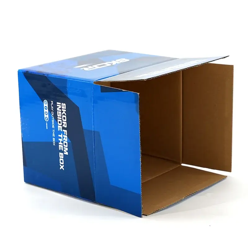 Blue shipping carton lying sideways with its open interior visible.