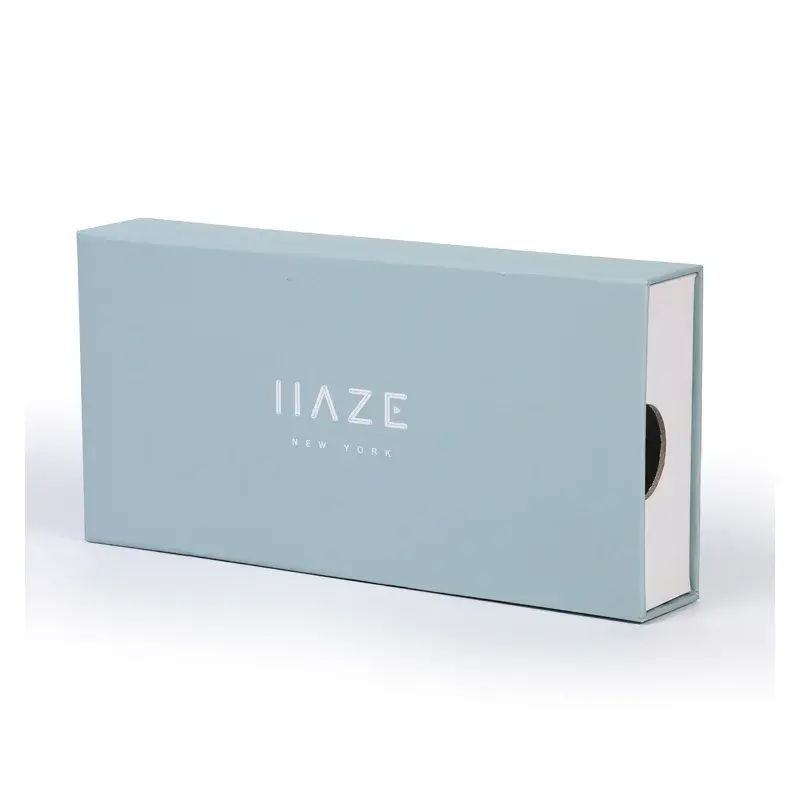 Closed pale blue drawer box with white lettering.