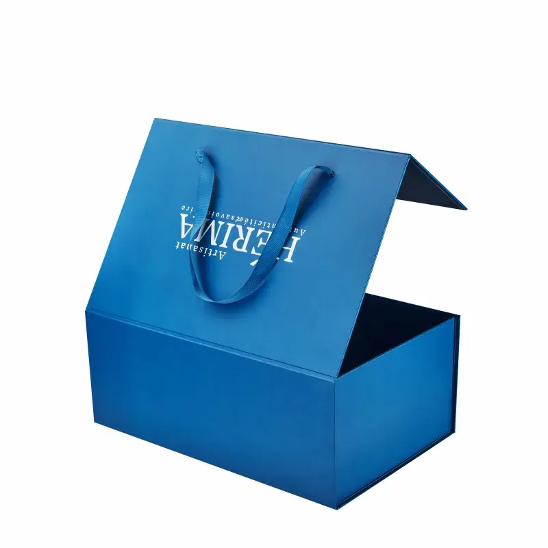 Open blue gift box with ribbon handles through the lid.