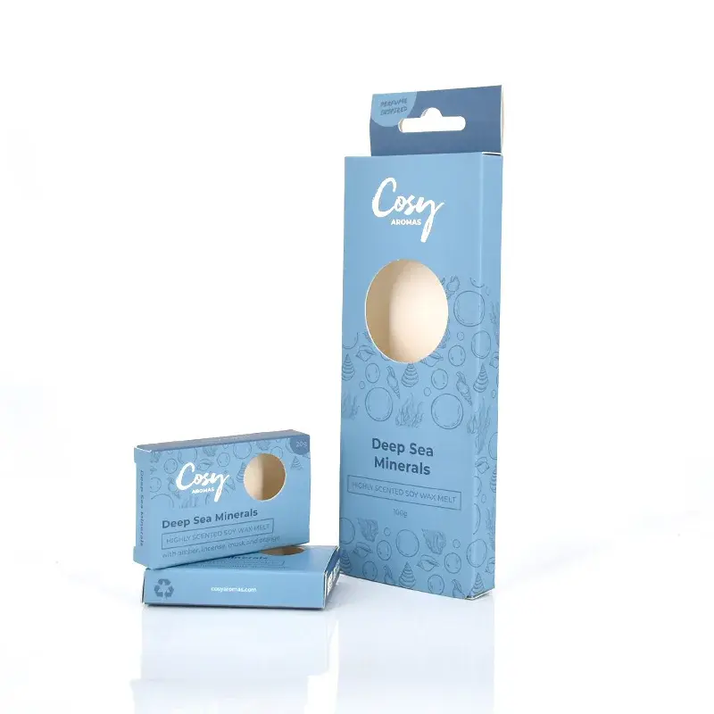 Blue hanging cartons with round windows in different sizes.