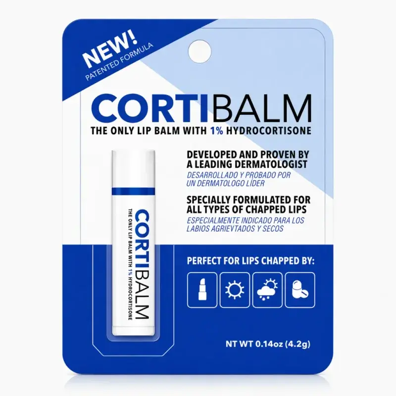 Lip balm tube in a clear blister on a blue printed backing card.