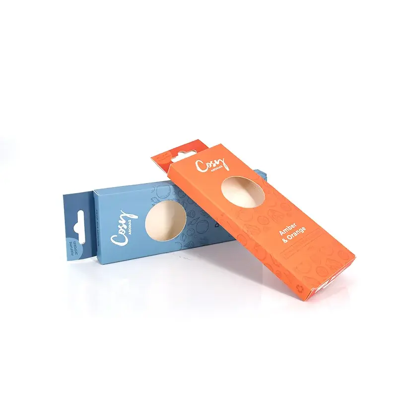 Blue and orange hanging cartons with round windows.