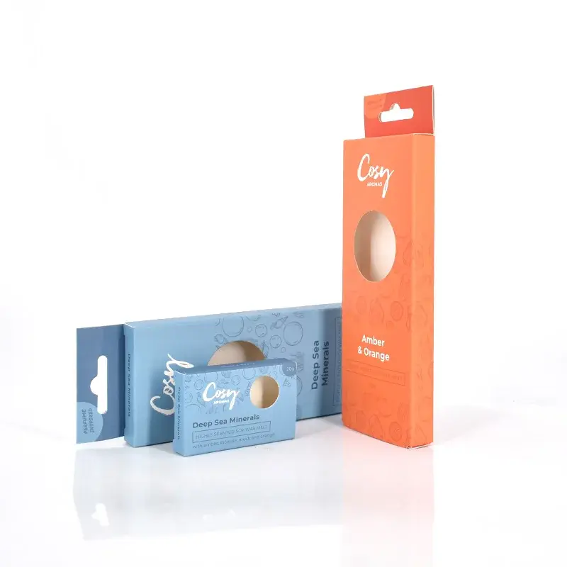 Blue and orange window cartons arranged at different angles.