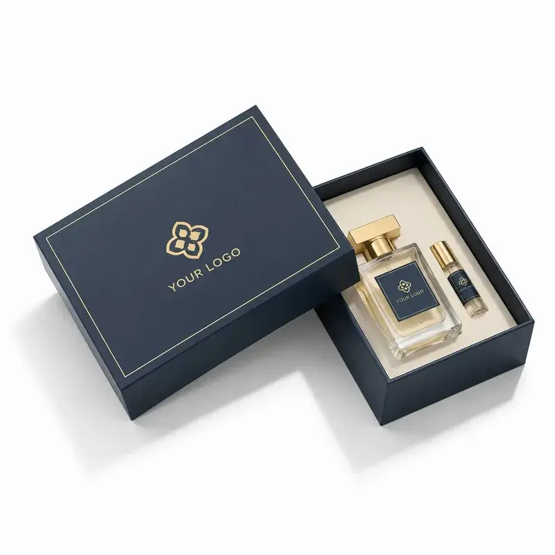 Open dark blue gift box holding a perfume bottle and accessories.