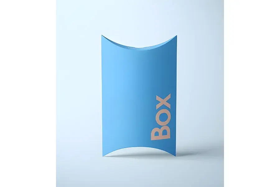 Upright blue pillow box with pale lettering.