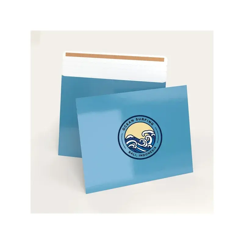 Blue mailing envelopes with a round emblem and adhesive flap.