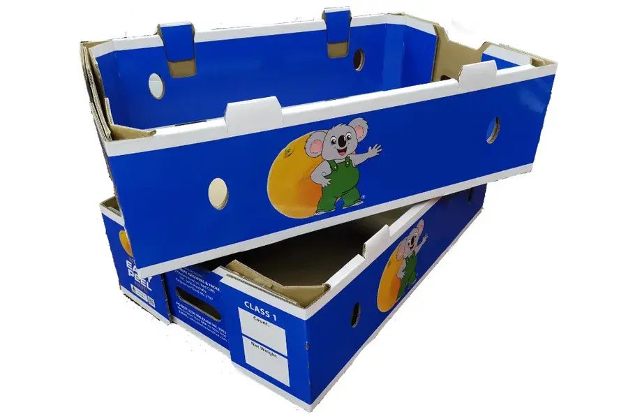 Stacked blue printed produce trays with open tops.