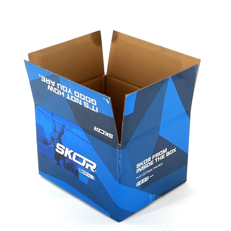Blue printed shipping carton with brown top flaps opened.