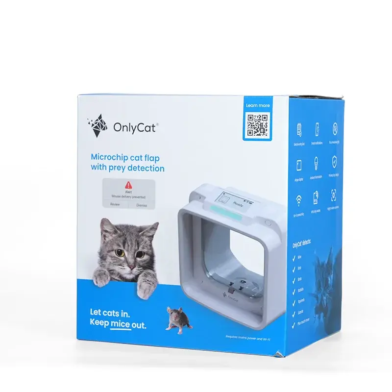 Blue and white carton with a cat and pet door illustration.