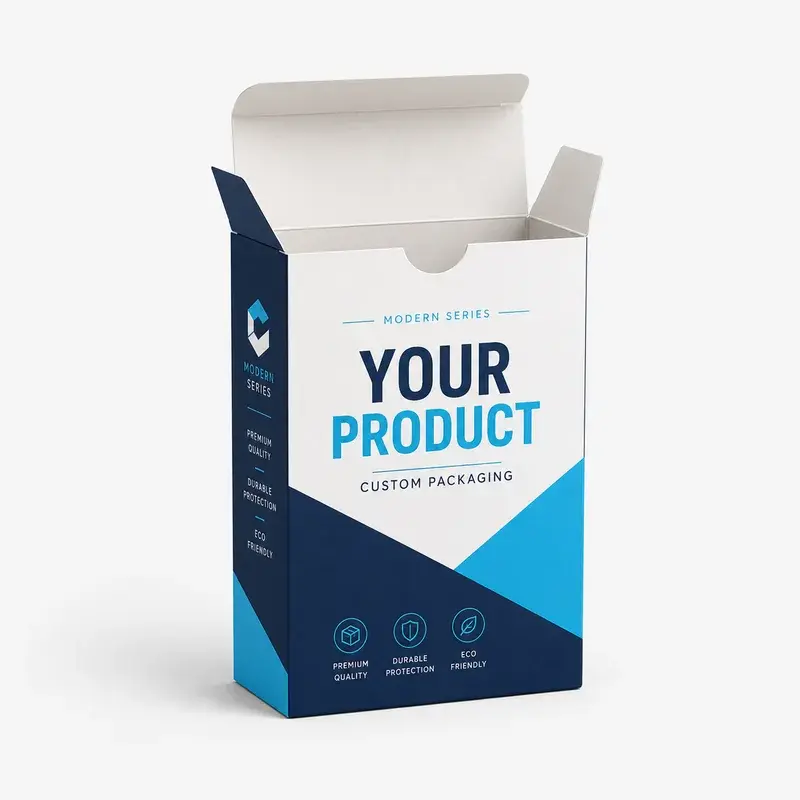 Blue and white printed carton with an open top flap.