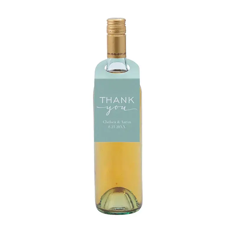 Clear bottle with a pale blue thank-you neck tag.